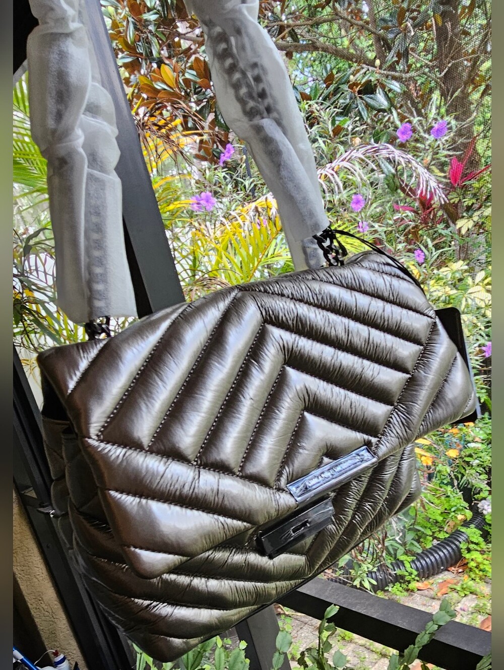 NWT Armani Exchange Metallic Gunmetal Quilted Chain Shoulder Bag - Picture 2 of 14